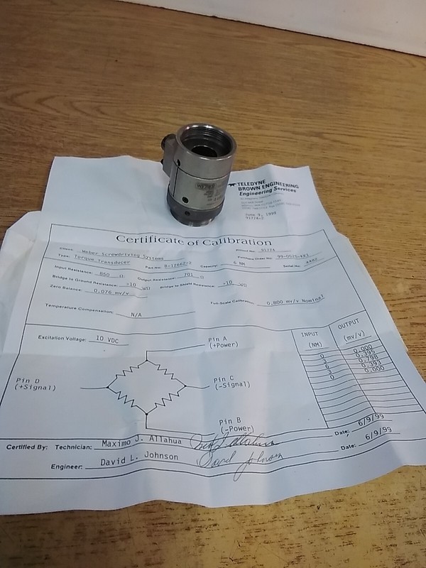 Weber B-12662-2 Torque Transducer 800 MV/V Capacity 6Nm Has Been Calibrated