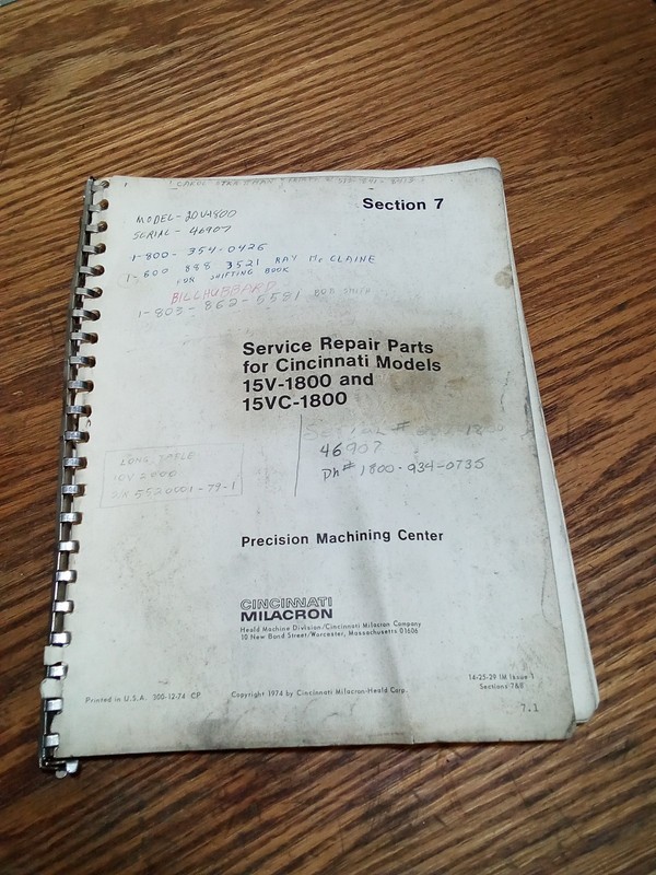 Cincinnati Milacron Service Repair Parts 15V-1800 & 15VC-1800 (Missing Cover)