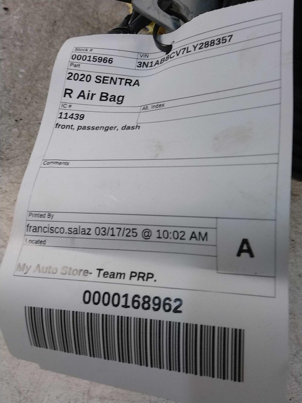 2020 Nissan Sentra Right Instrument Panel Air Bag Silver 41K Miles OEM