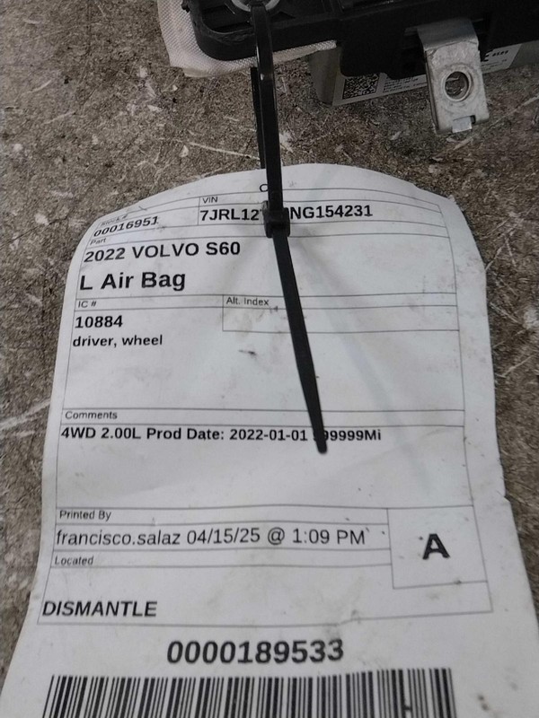 2022 VOLVO S60 Steering Wheel Air Bag Grey 127K Miles OEM NJ25-16951-425889