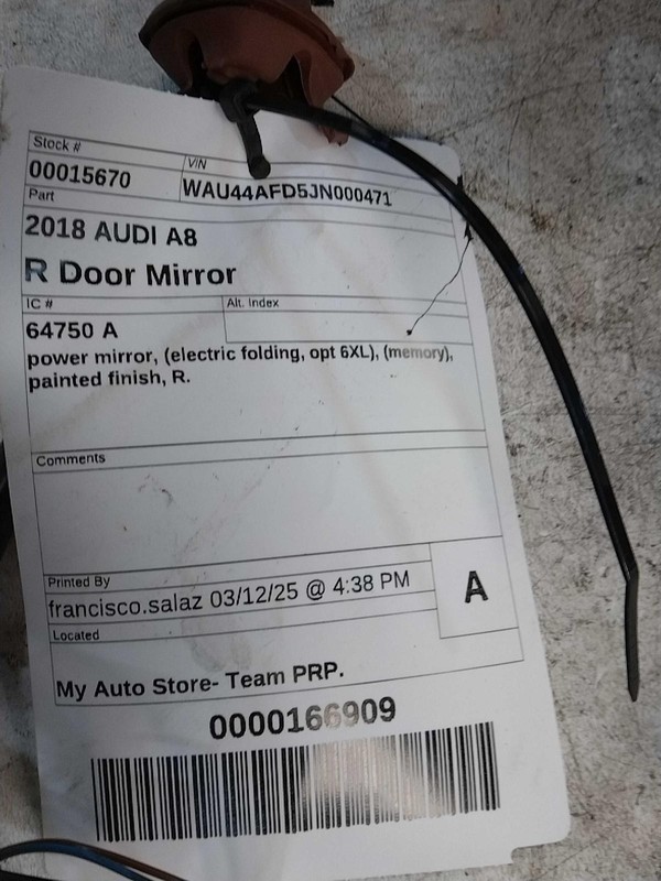 2018 AUDI A8 Right Door Mirror Assembly Grey OEM Used 72000 Miles