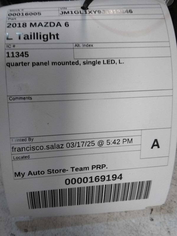 2018 MAZDA 6 Left Tail Light Assembly Brown LED OEM Used 45000 Miles