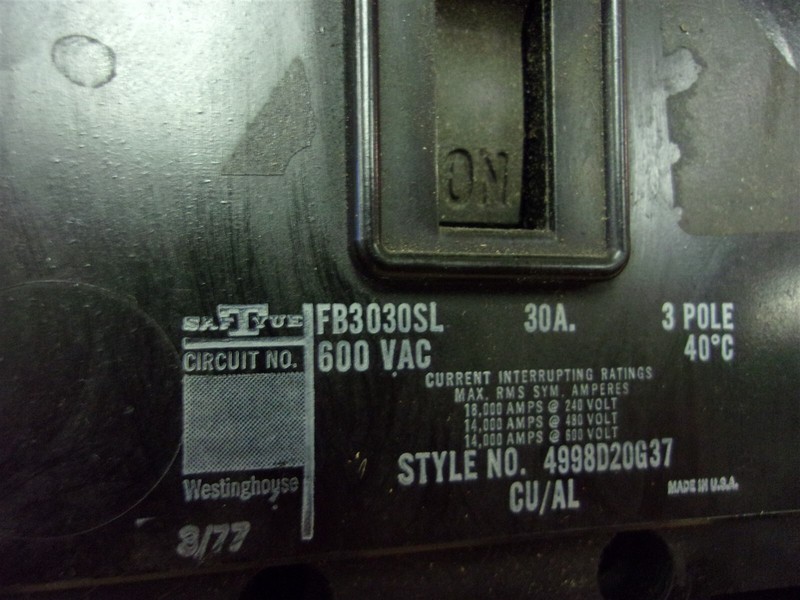 Westinghouse FB3030SL 30A 3-Pole 600VAC Circuit Breaker *FREE SHIPPING*