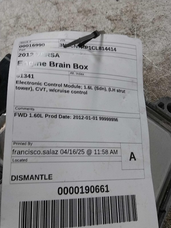 2012 Nissan Versa Engine Control Module ECM OEM 321996 62000 Miles Grey