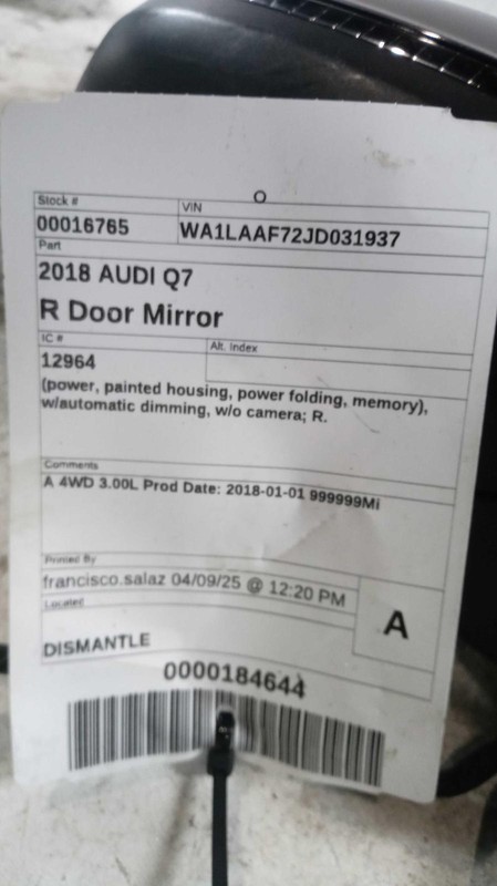 2018 AUDI Q7 Right Door Mirror Assembly Black Used 79000 Miles OEM Replacement
