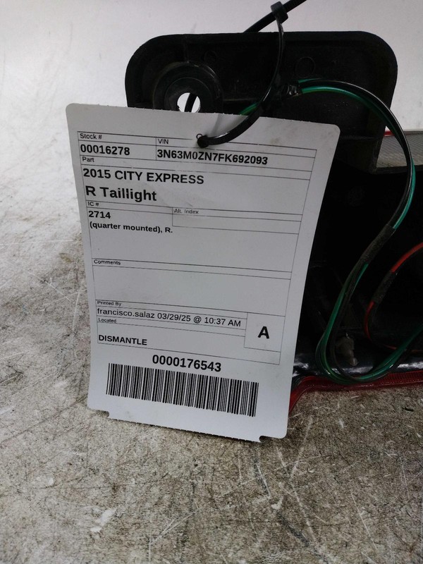 2015 Chevrolet City Express Right Tail Light Assembly White - Deep Scratches