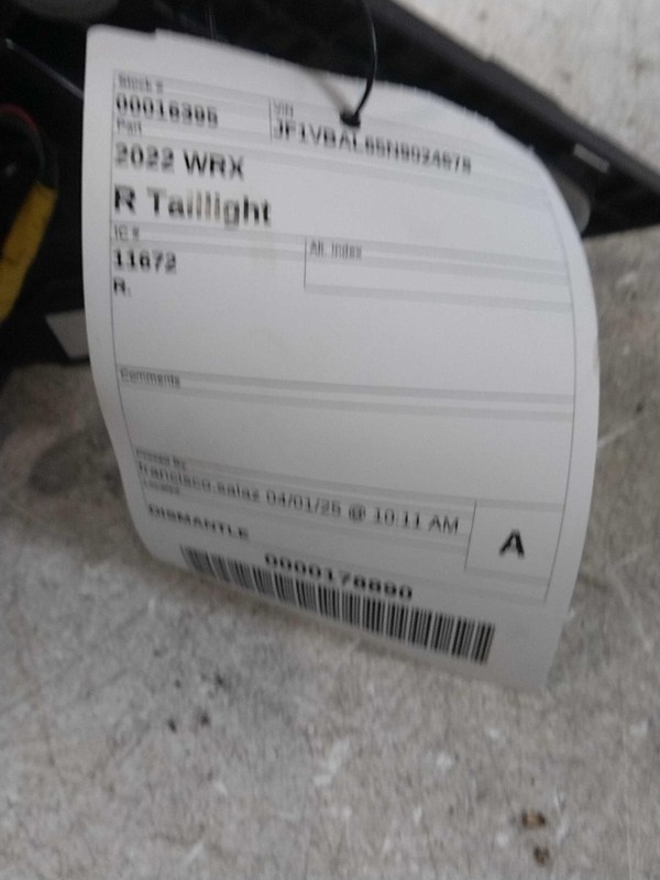 2022 Subaru WRX Right Tail Light Assembly White OEM 737276 11K Miles