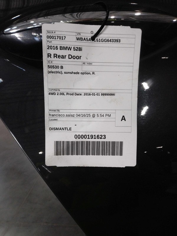2016 BMW 528i Rear Right Door Grey OEM Used 92000 Miles - Part #558024