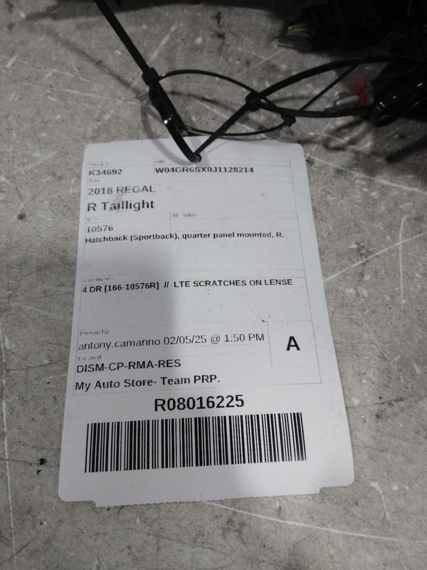 2018 Buick Regal Right Tail Light Assembly Black - Used, Scratches on Lens
