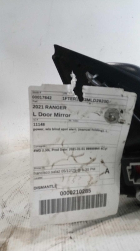 2021 Ford Ranger Left Door Mirror Assembly Grey Power Manual Folding 38K Mi