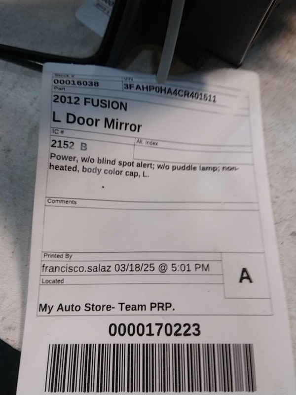 Used Left Door Mirror fits: 2012 Ford Fusion Power w/o blind spot alert w/o pudd