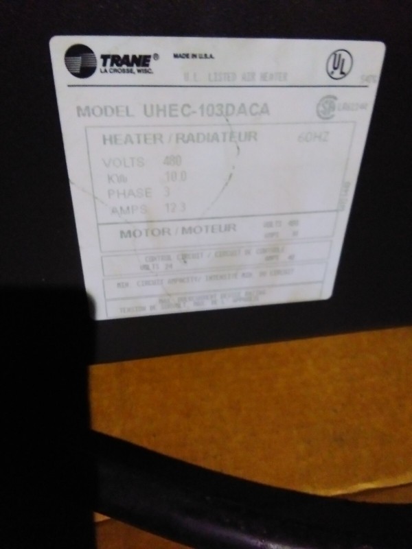 Trane Heater UHEC-103DACA W/Robertshaw Thermostat Control