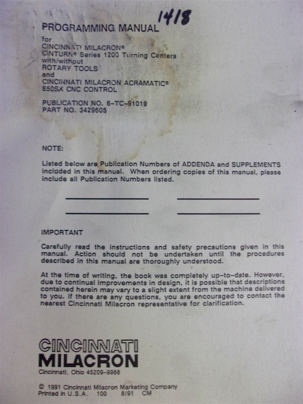Cincinnati Milacron Cinturn 1200 Programming Manual 6-TC-91019 3249605 1991