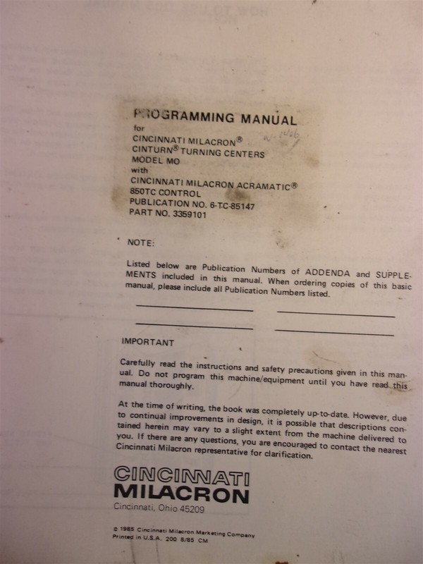 Cincinnati Milacron Programming Manual Cinturn MO 6-TC-85147 3359101 1985