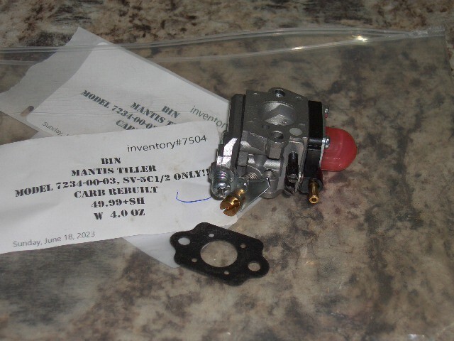 Mantis 7234-00-03 sv-5c1/2 only carburetor Rebuilt tiller part bin 5006