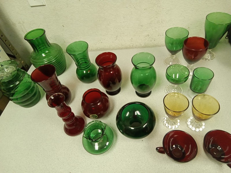 Assortment Of Glass Vases And Cups Red, Green, Yellow Lot Of 19