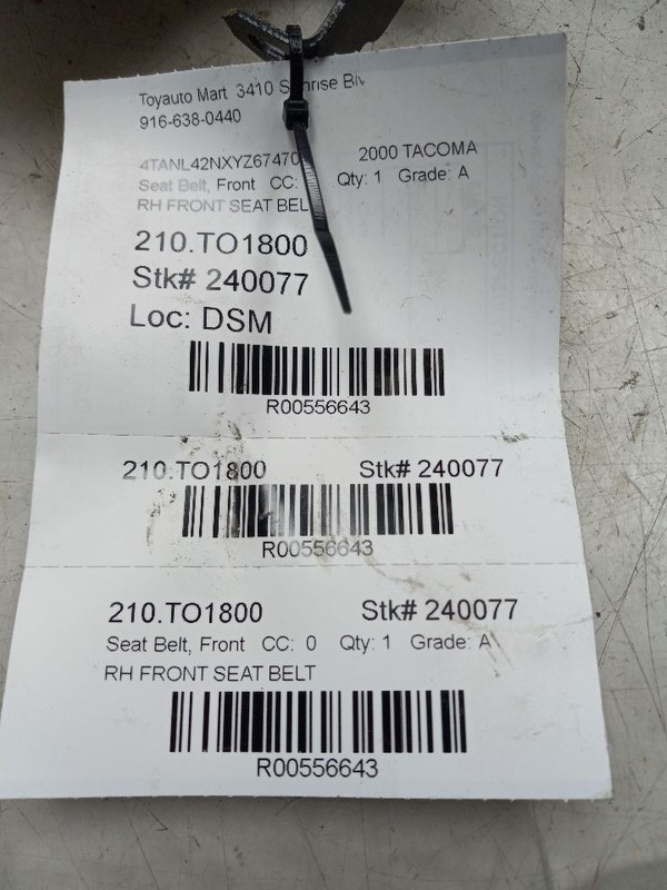 2000 TOYOTA TACOMA FRONT PASSENGER RIGHT SEAT BELT