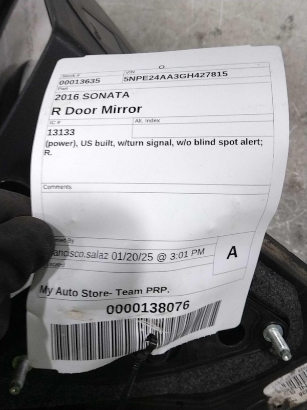 2016 Hyundai Sonata Right Door Mirror Assembly, Used, 37K Miles, OEM Part