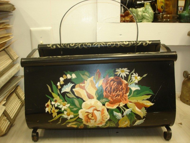Vintage Black MetalMagazine Rack Hand Painted Flowers NEAT