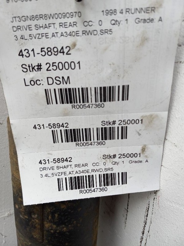 96 97 98 99 00 01 02 TOYOTA 4 RUNNER 3.4L REAR DRIVE SHAFT 547360