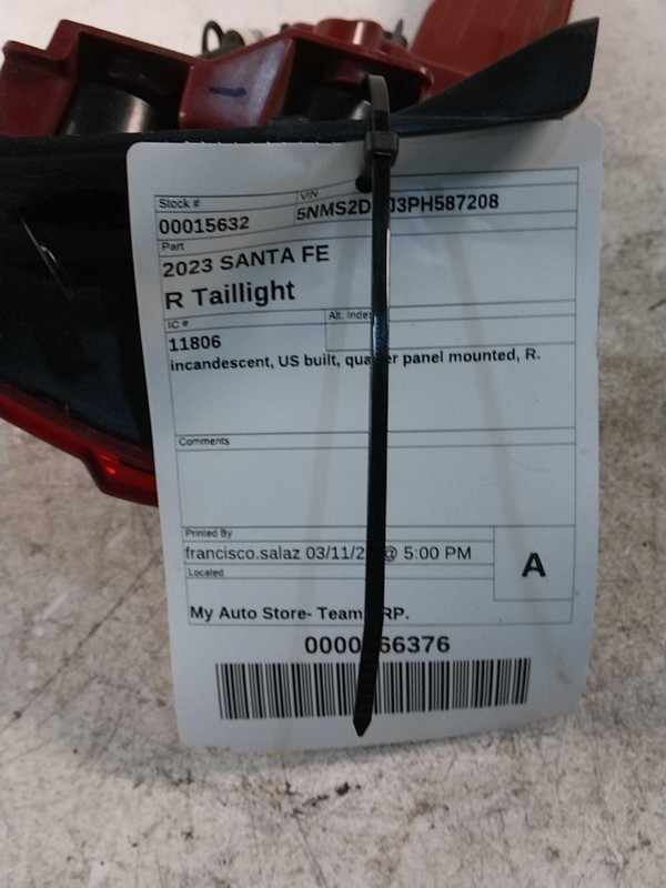 2023 Hyundai Santa Fe Right Tail Light Assembly Red OEM 894434 Used 40K Miles