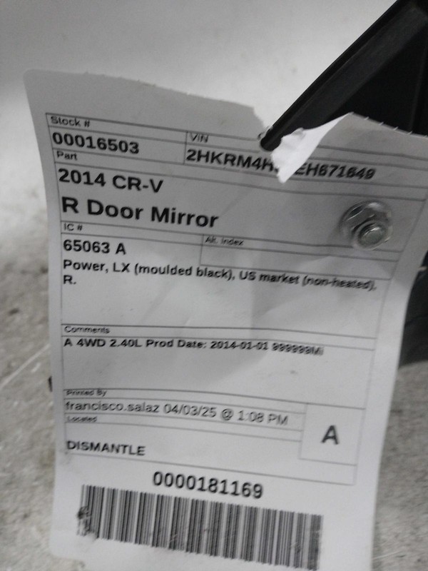 Used Right Door Mirror fits: 2014 Honda Cr-v Power LX moulded black US market no