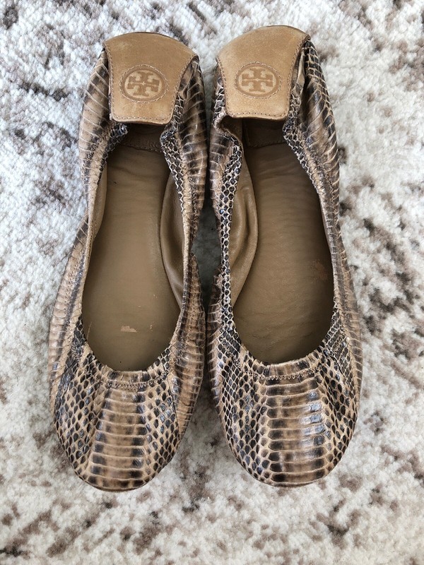 Tory Burch Eddie Snake Watersnake Veg Leather Ballet Flats Tan Brown 8.5 $250
