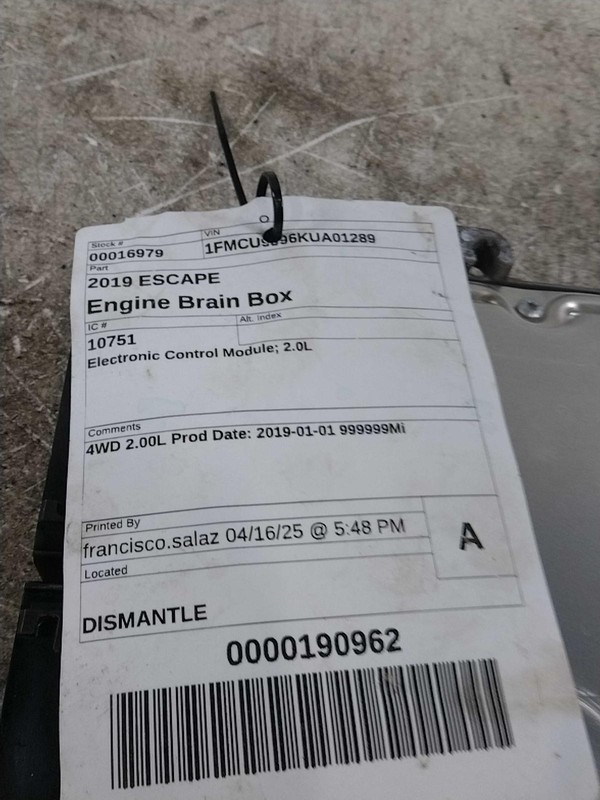 2019 Ford Escape Engine Control Module ECM HS7A12A650DLA 93K Mi OEM Blue