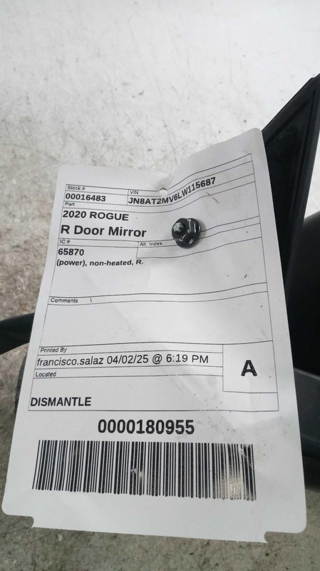 2020 Nissan Rogue Right Door Mirror Assembly White OEM Used 86K Miles