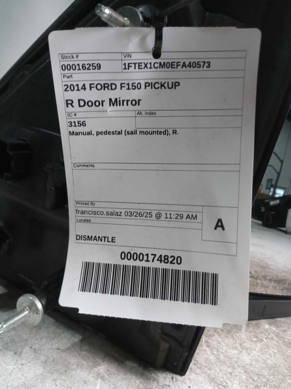 2014 Ford F150 Pickup Right Blue Door Mirror Assembly, Used, 112k Miles