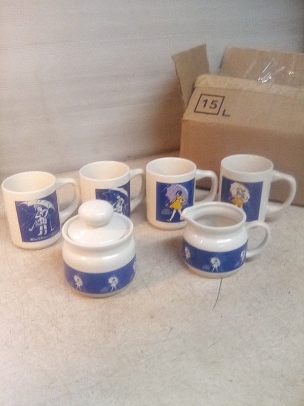 7 Piece Morton Salt Set 4 Mugs 1914,1921,1956,1968 W/Cream & Sugar