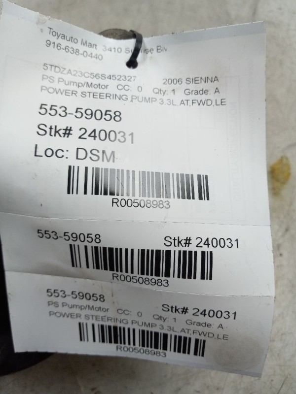 04 05 06 TOYOTA SIENNA LE 3.3L POWER STEERING PUMP