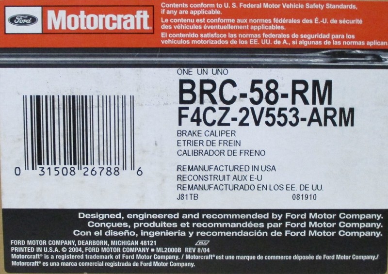 REMANUFACTURED MOTORCRAFT BRC-58-RM REAR LEFT CALIPER 141.45534 FORD MERCURY