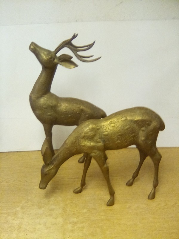 Vintage Brass Pair Of Jumbo Spotted Deer Statues, Buck 23"H Doe 13-1/2"H