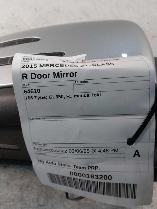 2015 Mercedes-Benz GL-Class Right Door Mirror Assembly Silver 518630 Used