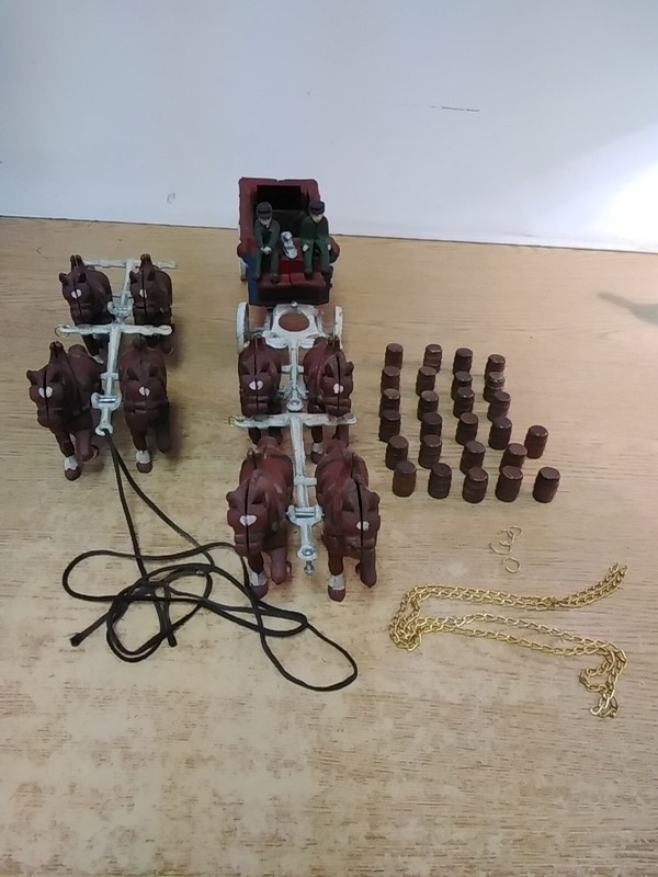 Vintage Cast Iron Horse & Buggy W/26 Barrels Set Clydesdale Horses