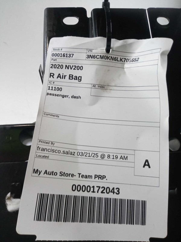 2020 Nissan NV200 Right Instrument Panel Air Bag - Used, 102K Miles, White