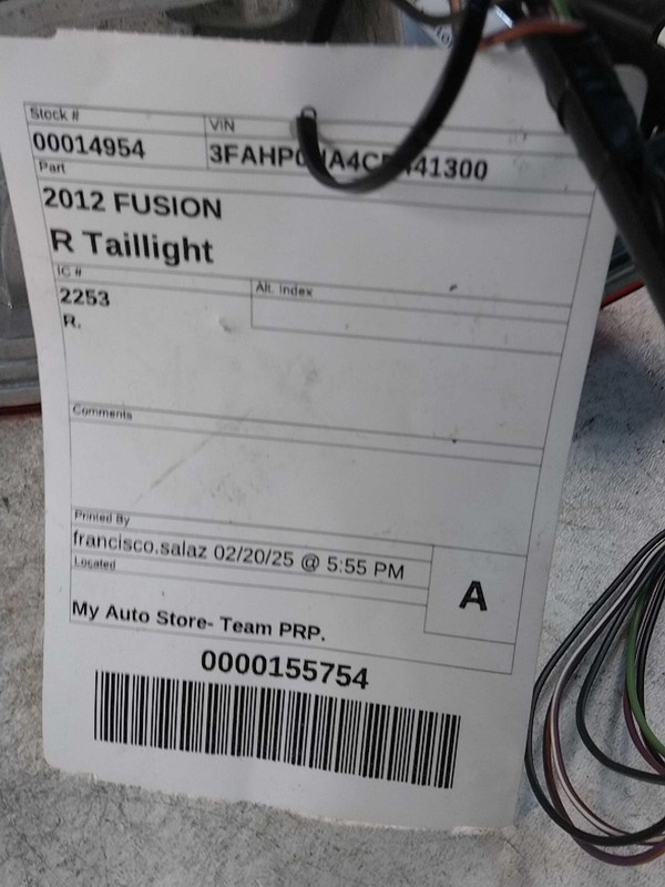 2012 Ford Fusion Right Tail Light Assembly OEM Used 341772 174K Mileage
