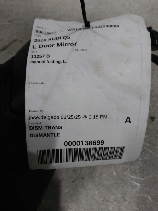 2018 Audi Q5 Left Door Mirror Assembly - Used, 145K Miles, OEM Part 683535