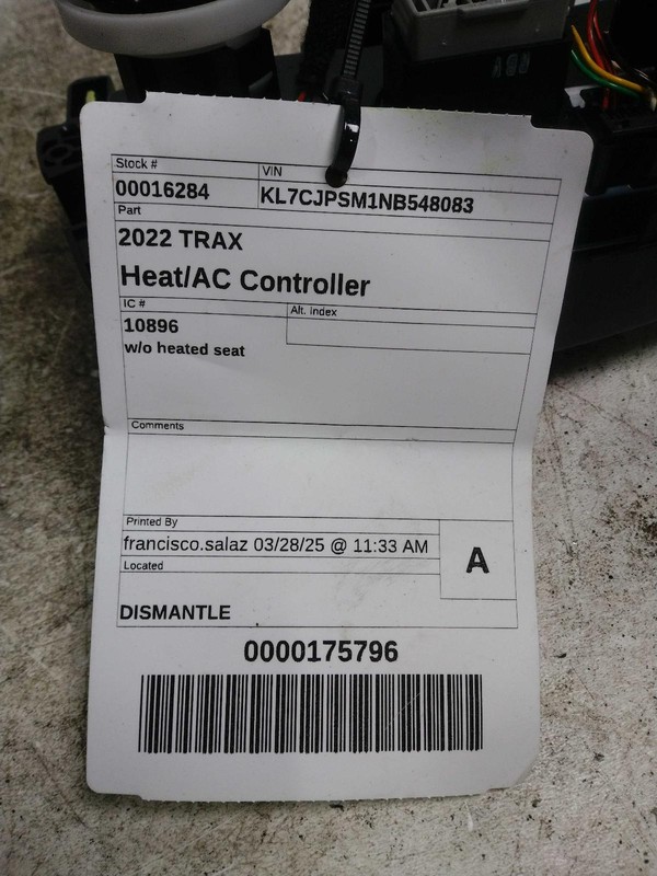 Used A/C Selector Switch fits: 2022 Chevrolet Trax w/o heated seat Grade A
