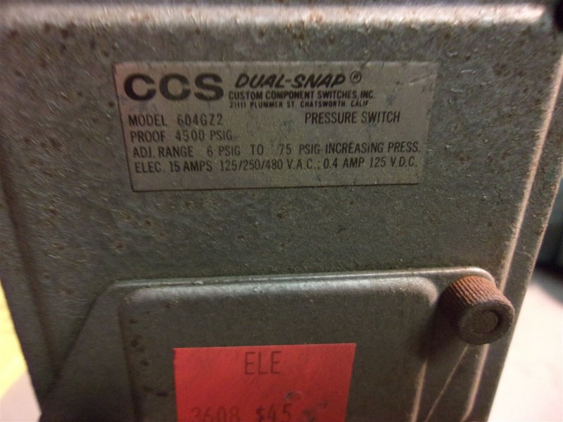 CCS 604GZ2 Dual Snap Pressure Switch 15A 4500 PSIG *FREE SHIPPING*