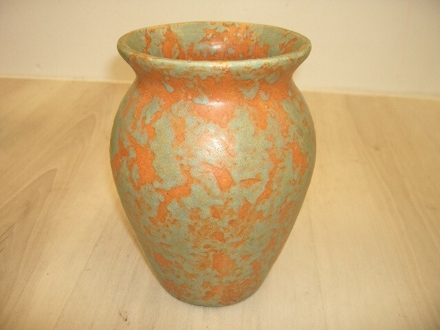 Burley Winter Pottery 7"Vase Mottled Green and Orange Glaze 56 at bottom NICE