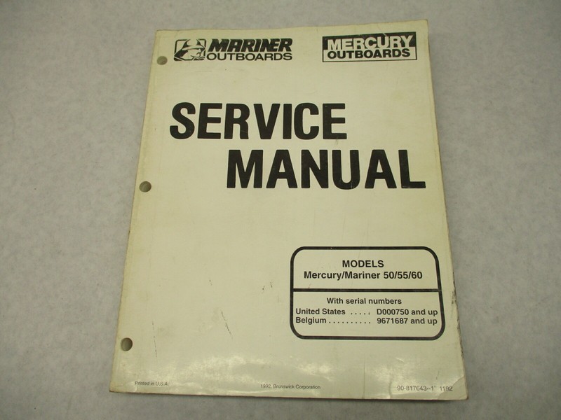 90-817643-1 1192 1992 Mercury Mariner Outboard Service Repair Manual 50-60 HP