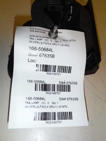 08 09 10 VW JETTA L. TAIL LIGHT SDN VIN K 8TH DIGIT LID MOUNTED 146701