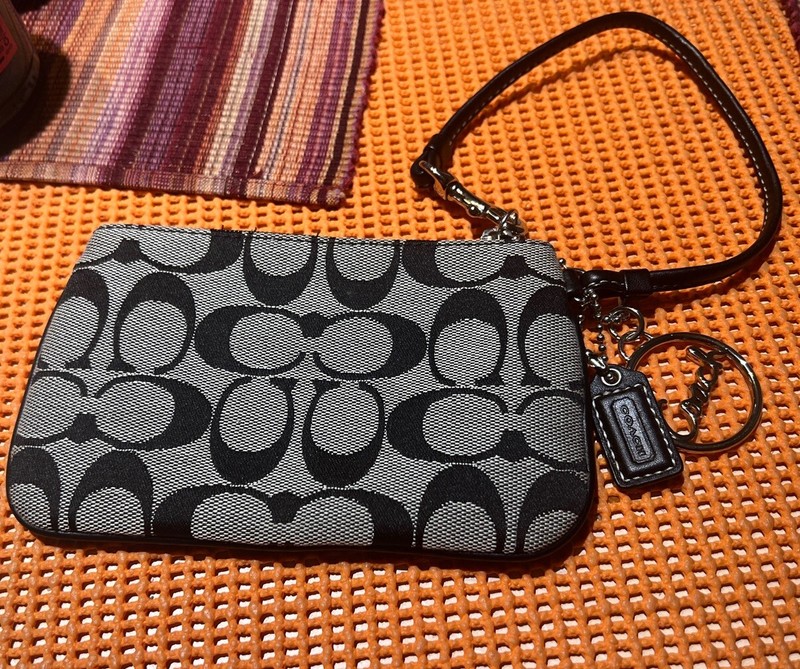 Coach Small Wristlet Gray and Black Logo Signature Coin Purse
