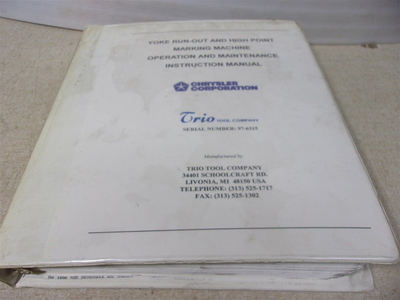 Chrysler Trio Tool Highpoint Machine Operation Maintenance Instruction Manual