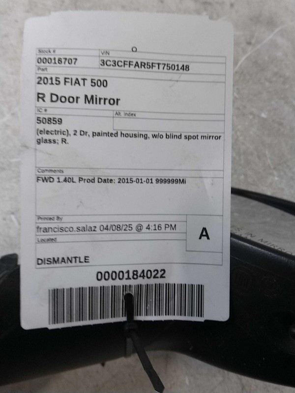 2015 FIAT 500 Right Door Mirror Assembly Black OEM 253816 118K Miles