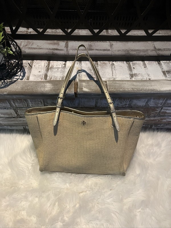Tory Burch York Buckled Natural Straw Tote Bag Gold Leather Straps Handbag