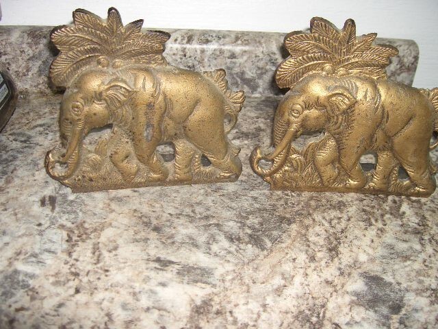 2 Vintage Cast Iron/Metal Elephant Doorstop lot with palm trees