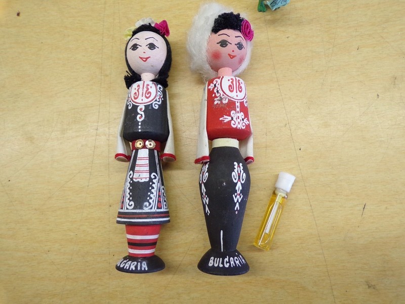 Set of 2 Vintage Bulgarian Dolls Hand Painted Folk Dancers with Perfume Vial